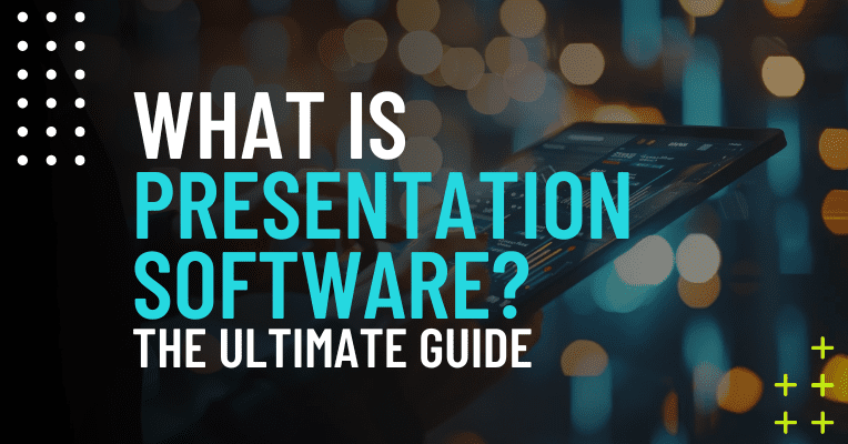 bokeh background with a tablet showing a presentation and the text "what is presentation software the ultimate guide"